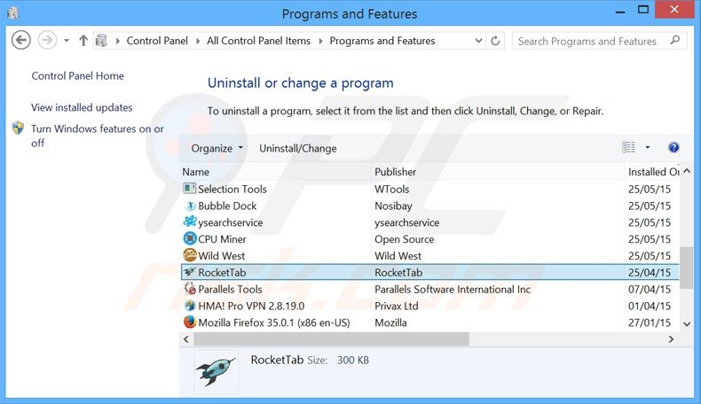 rockettab adware uninstall via Control Panel