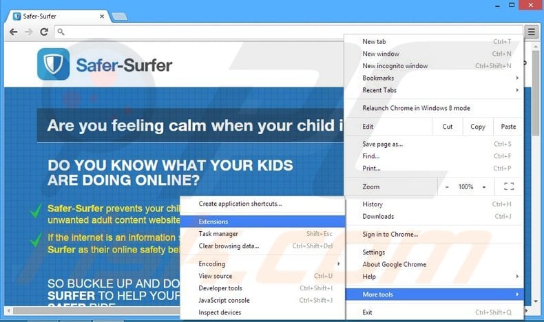 Removing Safer-Surfer ads from Google Chrome step 1