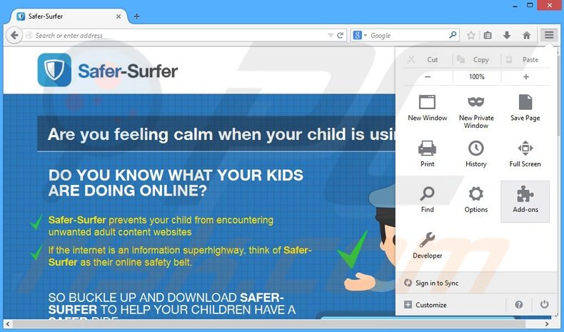Removing Safer-Surfer ads from Mozilla Firefox step 1
