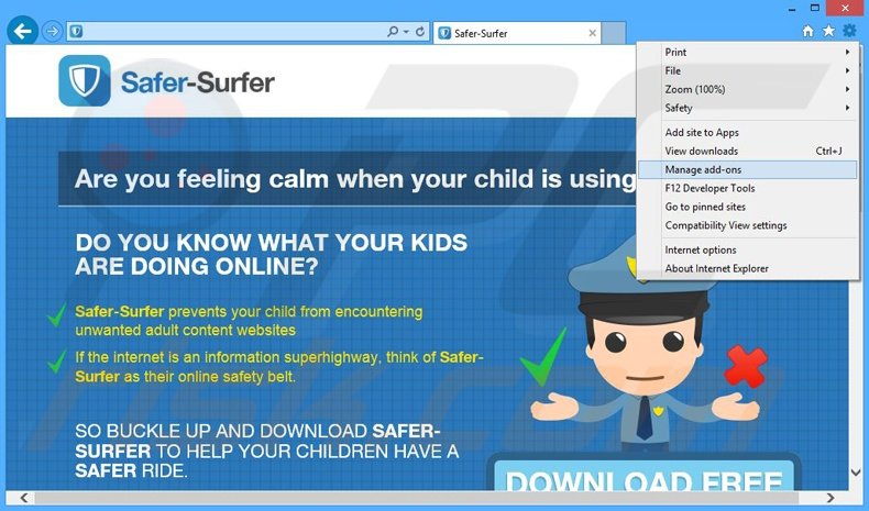 Removing Safer-Surfer ads from Internet Explorer step 1