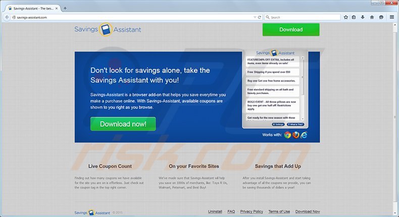 savings assistant adware homepage