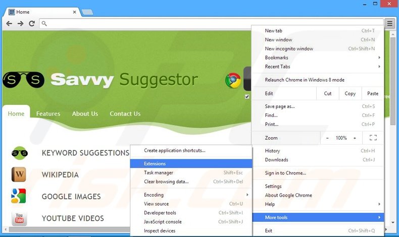 Removing Savvy Suggestor ads from Google Chrome step 1