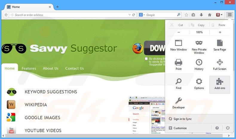 Removing Savvy Suggestor ads from Mozilla Firefox step 1