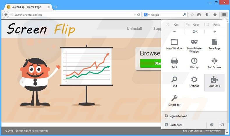 Removing Screen Flip ads from Mozilla Firefox step 1