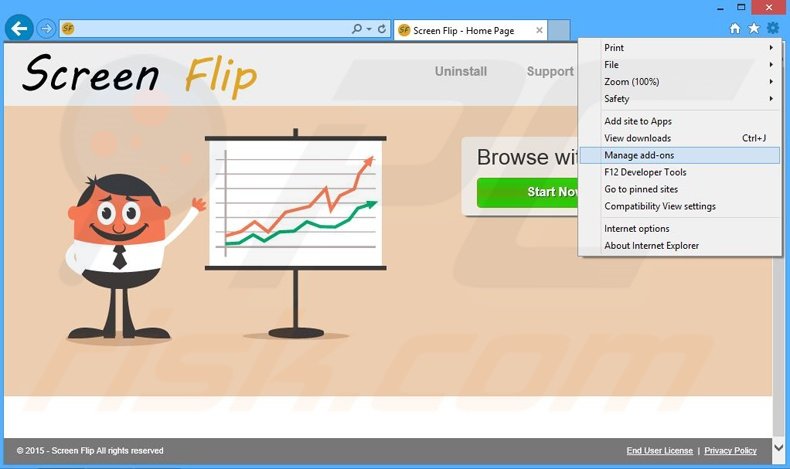 Removing Screen Flip ads from Internet Explorer step 1