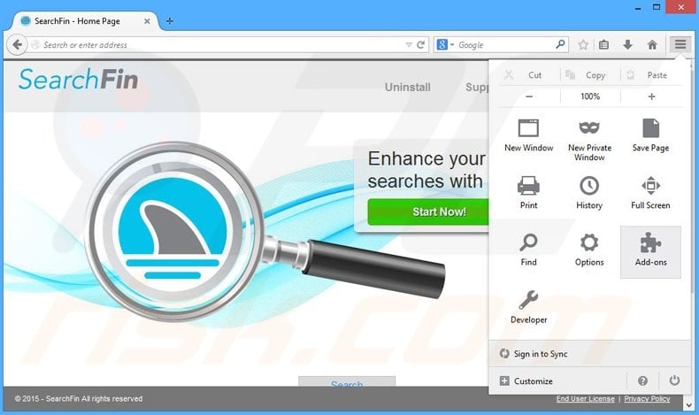 Removing SearchFin ads from Mozilla Firefox step 1