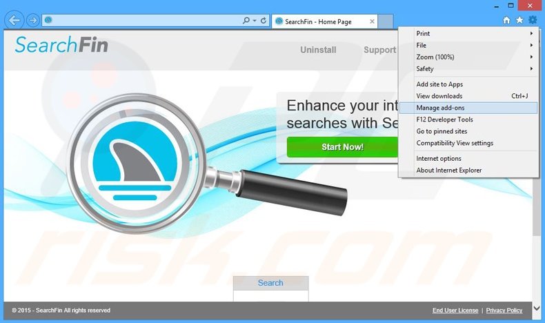 Removing SearchFin ads from Internet Explorer step 1