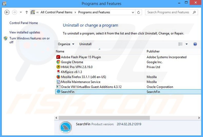 SearchFin adware uninstall via Control Panel