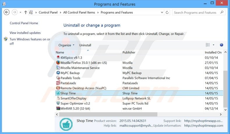 shop time adware uninstall via Control Panel