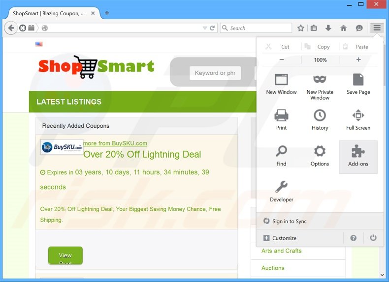 Removing ShopSmart ads from Mozilla Firefox step 1