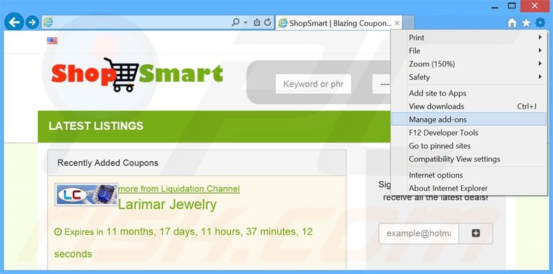 Removing ShopSmart ads from Internet Explorer step 1