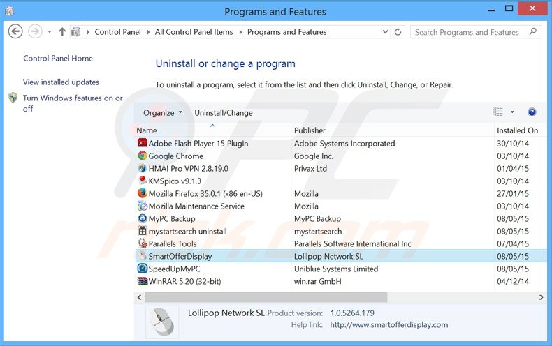 smartofferdisplay adware uninstall via Control Panel