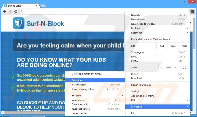 Removing Surf-N-Block ads from Google Chrome step 1