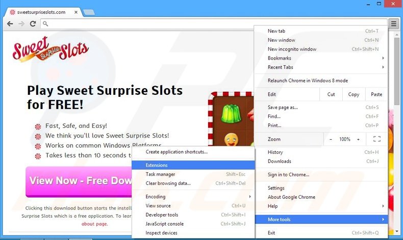 Removing Sweet Surprise Slots ads from Google Chrome step 1
