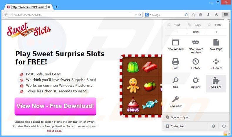 Removing Sweet Surprise Slots ads from Mozilla Firefox step 1