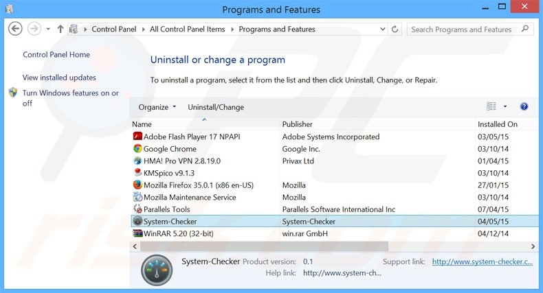 System-Checker adware uninstall via Control Panel