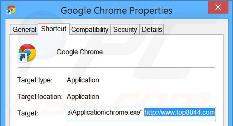 Removing top8844.com from Google Chrome shortcut target step 2