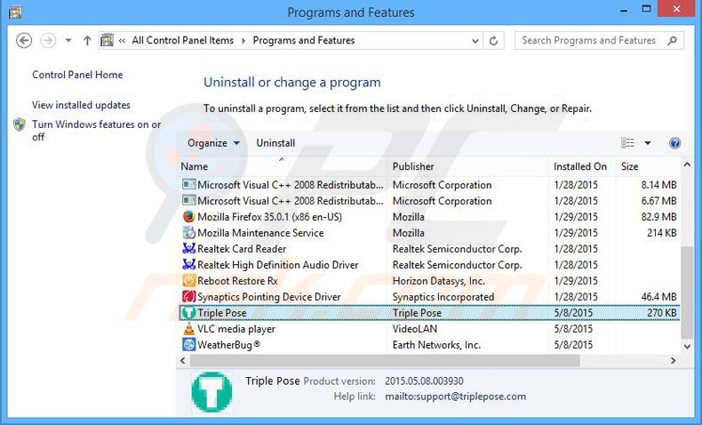 triple pose adware uninstall via Control Panel