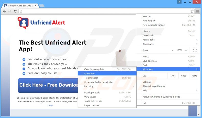 Removing Unfriend Alert  ads from Google Chrome step 1