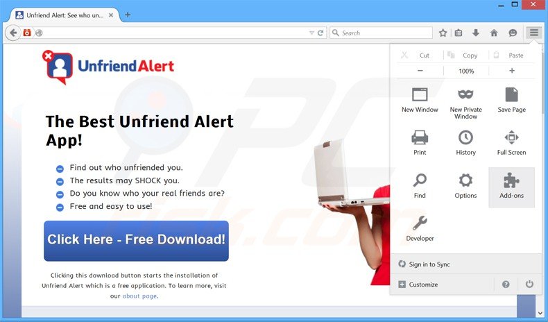 Removing Unfriend Alert ads from Mozilla Firefox step 1