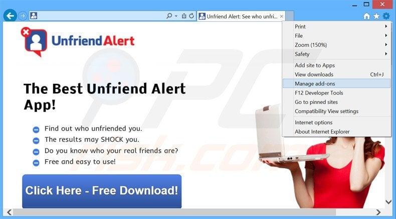 Removing Unfriend Alert ads from Internet Explorer step 1