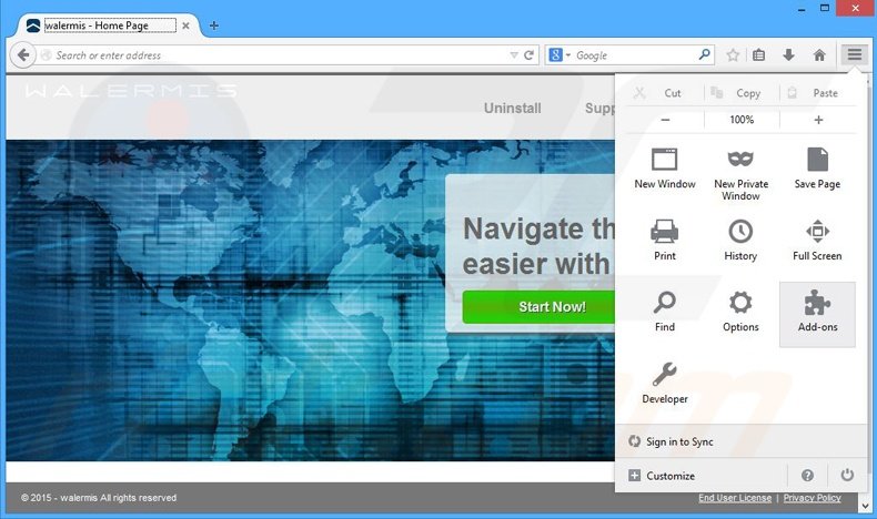 Removing walermis ads from Mozilla Firefox step 1