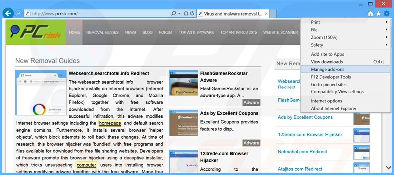 Removing Windesk Winsearch ads from Internet Explorer step 1