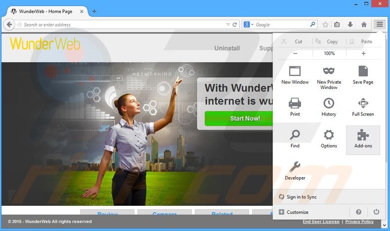 Removing WunderWeb ads from Mozilla Firefox step 1
