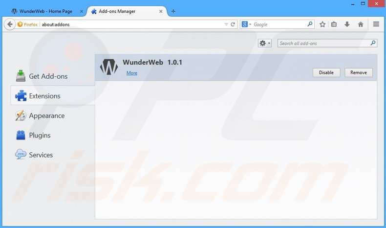 Removing WunderWeb ads from Mozilla Firefox step 2
