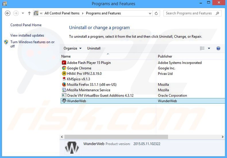 WunderWeb adware uninstall via Control Panel