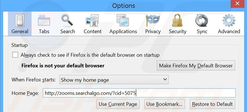Removing zooms.searchalgo.com from Mozilla Firefox homepage