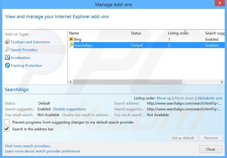 Removing zooms.searchalgo.com from Internet Explorer default search engine