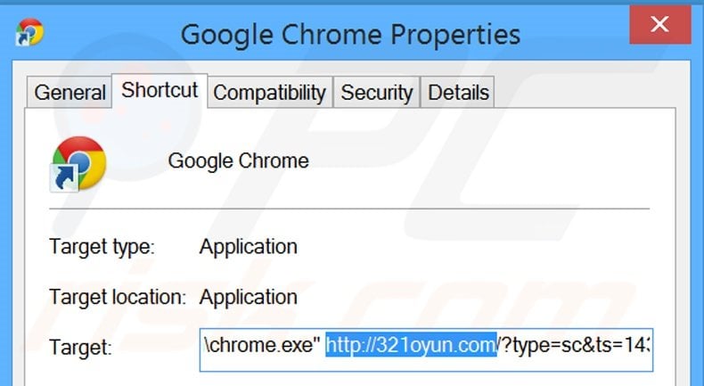 Removing 321oyun.com from Google Chrome shortcut target step 2