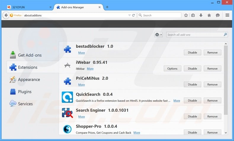 Removing 321oyun.com related Mozilla Firefox extensions