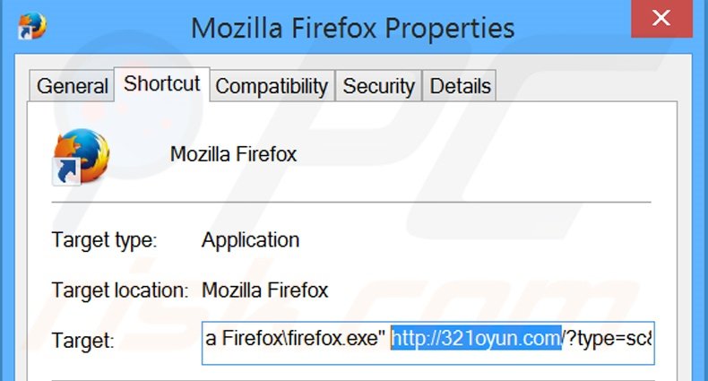 Removing 321oyun.com from Mozilla Firefox shortcut target step 2
