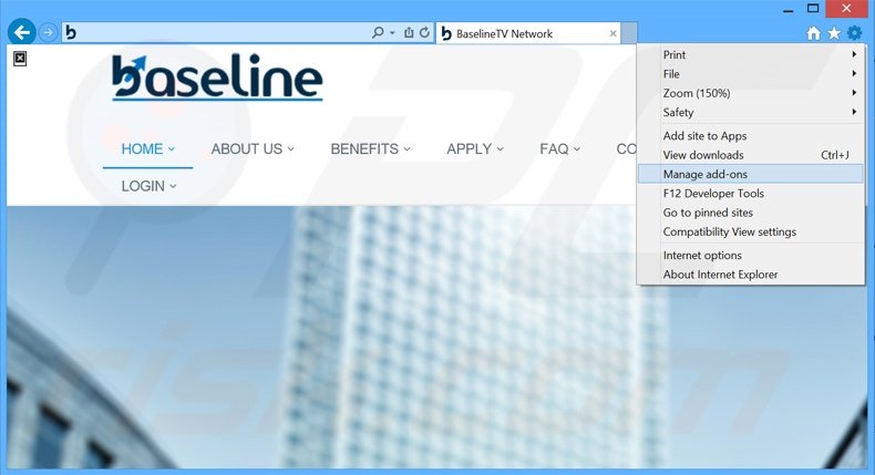 Removing BaselineTV Media Manager ads from Internet Explorer step 1