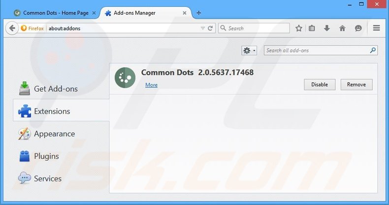 Removing Common Dots ads from Mozilla Firefox step 2