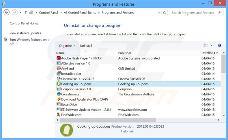 cooking up coupons adware uninstall via Control Panel