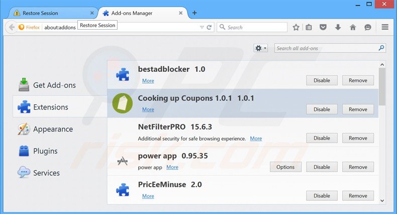 Removing cooking up coupons from Mozilla Firefox step 2