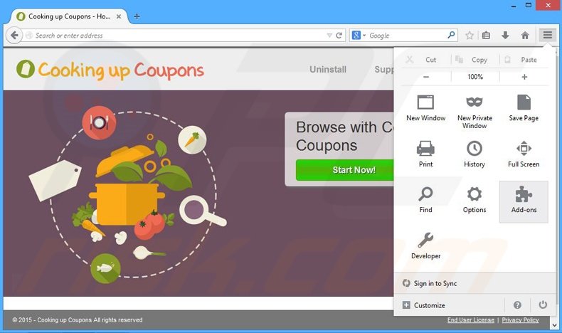 Removing Cooking up Coupons ads from Mozilla Firefox step 1