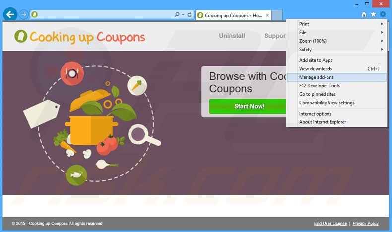 Removing Cooking up Coupons ads from Internet Explorer step 1