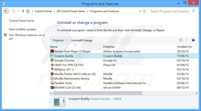 coupon buddy uninstall via Control Panel