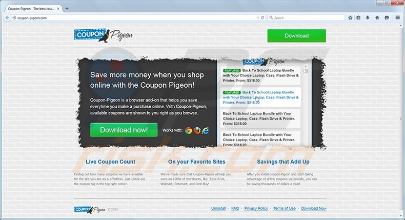 Coupon Pigeon adware homepage
