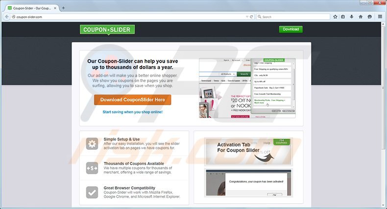 Coupon Slider Adware homepage