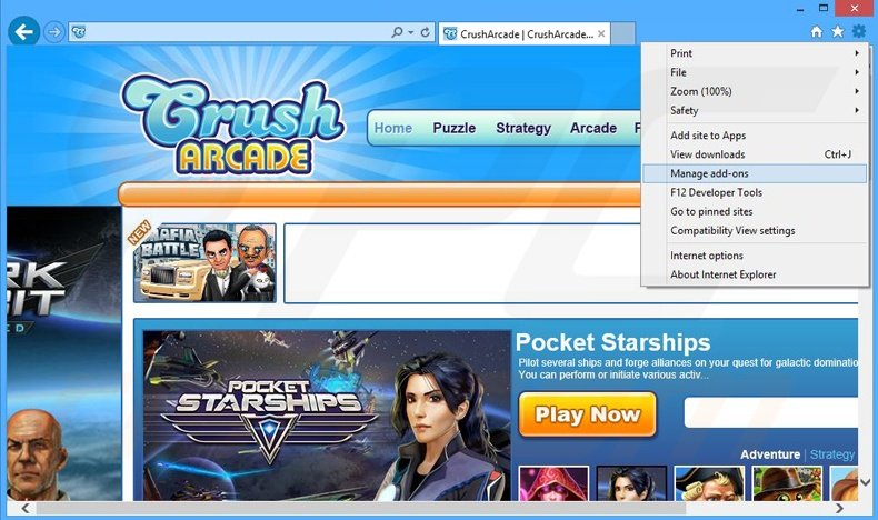Removing CrushArcade ads from Internet Explorer step 1