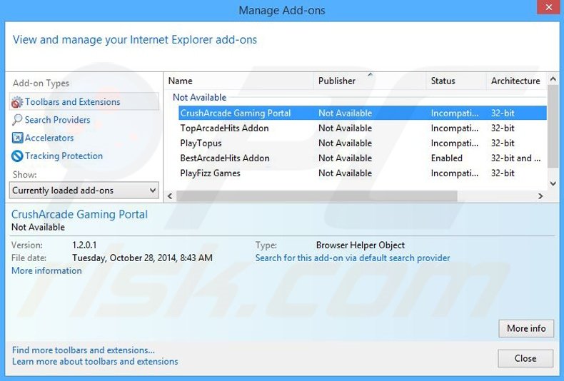 Removing CrushArcade ads from Internet Explorer step 2