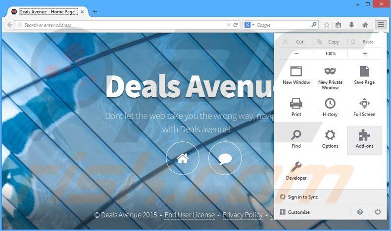 Removing Deals Avenue ads from Mozilla Firefox step 1
