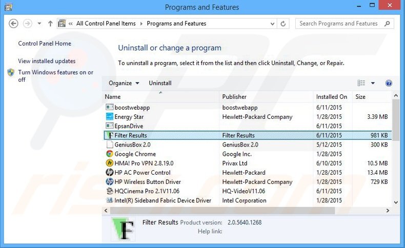 Filter Results adware uninstall via Control Panel