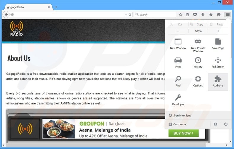 Removing GoGoGoRadio ads from Mozilla Firefox step 1