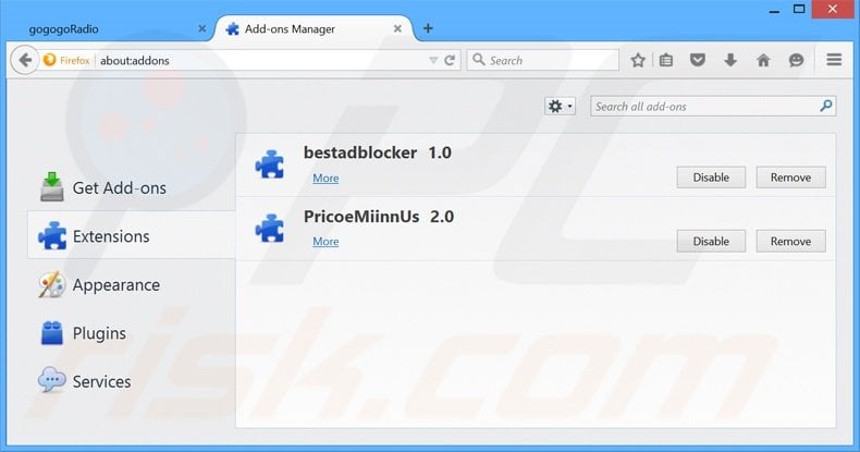 Removing GoGoGoRadio ads from Mozilla Firefox step 2